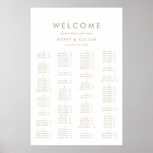 Chic Gold Typography Alfabetical Seating Chart Poster (Voorkant)