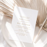 Chic Gold Typography Bat Mitzvah Kaart<br><div class="desc">Deze chic gold-typografie Bat Mitzvah-uitnodiging is perfect voor een moderne vleermuis mitzvah. Het eenvoudige ontwerp is voorzien van klassiek minimalistisch goud en witte typografie met een roestachtig boho-gevoel. in elke kleur. Houd het ontwerp minimaal en elegant, zoals het is, of personaliseer het door uw eigen grafiek en kunstwerk toe te...</div>