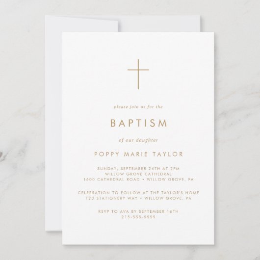 Chic Gold Typography Cross Baptisme Kaart (Voorkant)