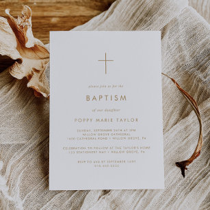 Chic Gold Typography Cross Baptisme Kaart