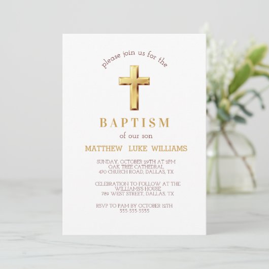 Chic Gold Typography Cross Baptisme Kaart (Staand voorkant)