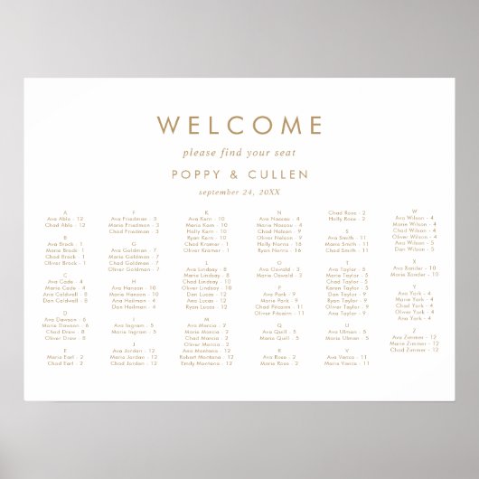 Chic Gold Typography Horizontal Seating Chart Poster (Voorkant)