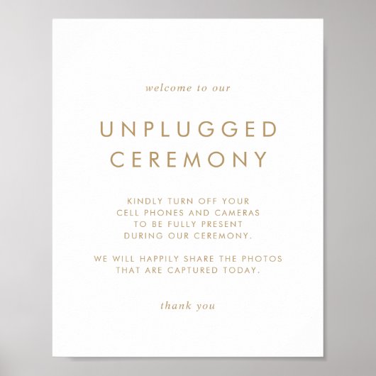 Chic Gold Typography Unplugged Ceremony Sign Poster (Voorkant)