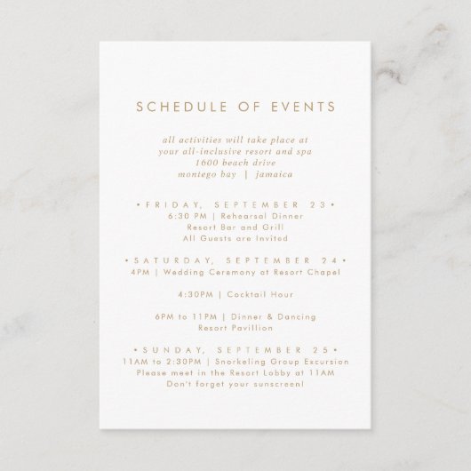 Chic Gold Typography Wedding Schedule of Events Informatiekaartje (Voorkant)