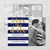 Chic Gold | Vetgedrukte blauwe streepfoto Sla de d Aankondigingskaart (Voorkant / Achterkant)