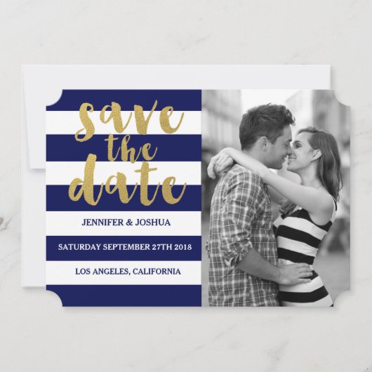 Chic Gold | Vetgedrukte blauwe streepfoto Sla de d Save The Date (Voorkant)