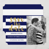 Chic Gold | Vetgedrukte blauwe streepfoto Sla de d Save The Date (Voorkant / Achterkant)