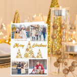 Chic Gold Vrolijke Kerstbomen Fotocollage Feestdagen Kaart<br><div class="desc">Een chique gouden script kerstkaart met uw familie foto collage rond een prachtige boom gemaakt van gouden sneeuwvlokken met Vrolijk Kerstfeest en Gelukkig Nieuwjaar op de voorkant in cursief. Personaliseer met uw 4 favoriete kinder foto's aan de voorkant en een volledige verticale foto aan de binnenkant links van deze trendy...</div>