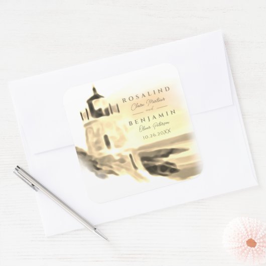Chic Gold Waterverf Lighthouse Script Wedding Vierkante Sticker (Envelop)