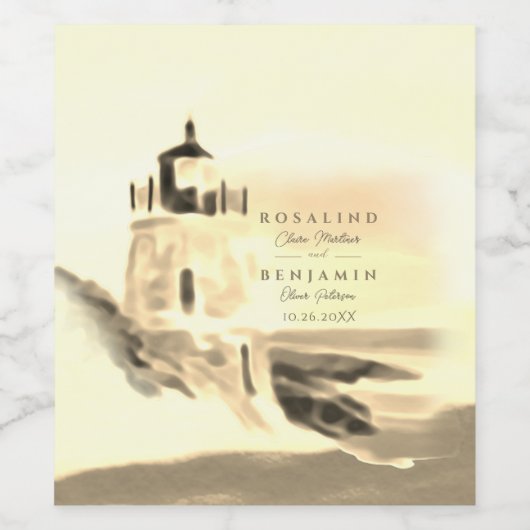 Chic Gold Waterverf Lighthouse Script Wedding Wijn Etiket (Enkel label)