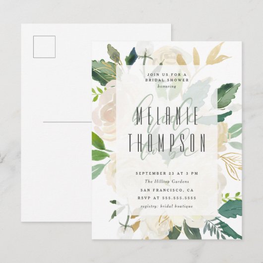 Chic Gold Waterverf Peonies Vrijgezellenfeest Uitnodiging Briefkaart (Voorkant / Achterkant)