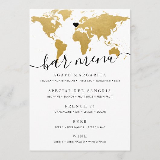 Chic Gold-Wereldkaart met optionele hartenmenukaar Menu (Voorkant)