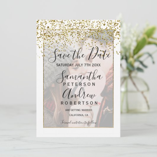 Chic gold white, behalve date foto bruiloft save the date (Staand voorkant)