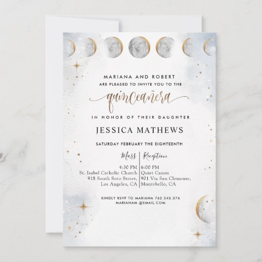 Chic Gold, White en Silver Celestial Quinceañera Kaart (Voorkant)