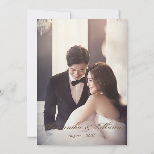 Chic Gold & White Faux Metal Floral Photo Weddensc Bedankkaart (Achterkant)