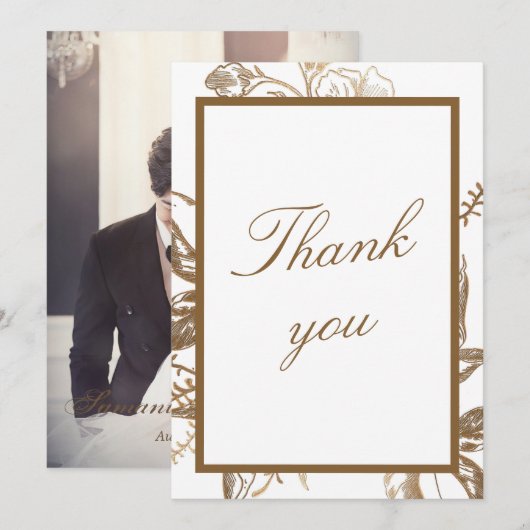 Chic Gold & White Faux Metal Floral Photo Weddensc Bedankkaart (Voorkant / Achterkant)