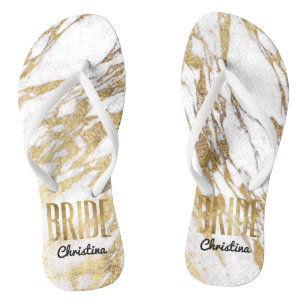Chic Gold White Marble Bride Wedding Bachelorette Teenslippers