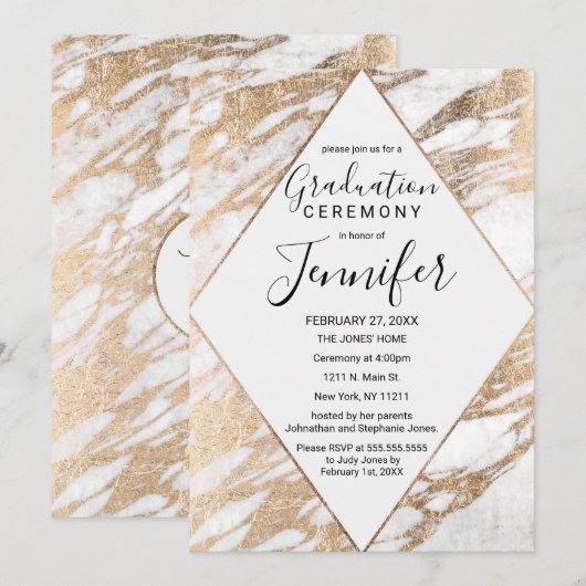 Chic Gold White Modern Marble Afstuderen Kaart (Voorkant / Achterkant)