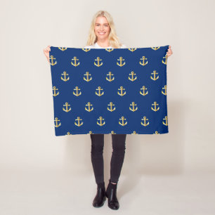 Chic Gold Yellow Anchor Pattern op Dark Navy Blue Fleece Deken