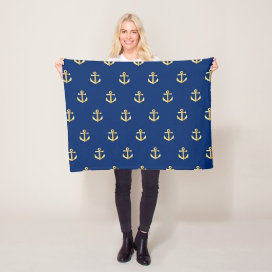 Chic Gold Yellow Anchor Pattern op Dark Navy Blue Fleece Deken (In situ)