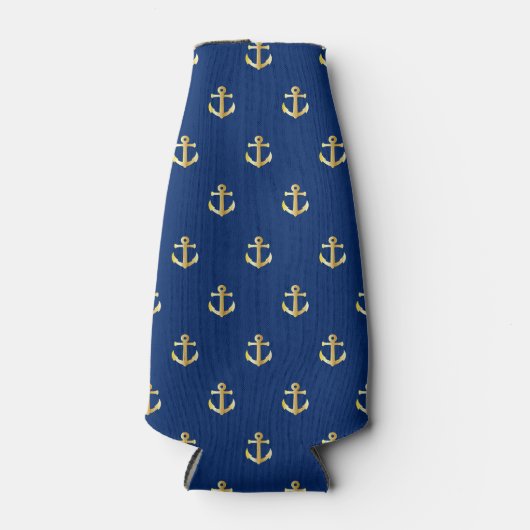 Chic Gold Yellow Anchor Pattern op Dark Navy Blue Flesjeskoeler (Voorkant)