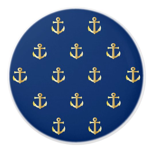 Chic Gold Yellow Anchor Pattern op Dark Navy Blue Keramische Knop (Voorkant)