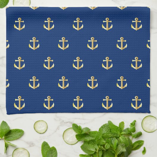 Chic Gold Yellow Anchor Pattern op Dark Navy Blue  Theedoek (Gevouwen)