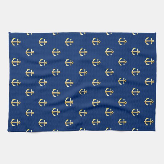 Chic Gold Yellow Anchor Pattern op Dark Navy Blue  Theedoek (Horizontaal)