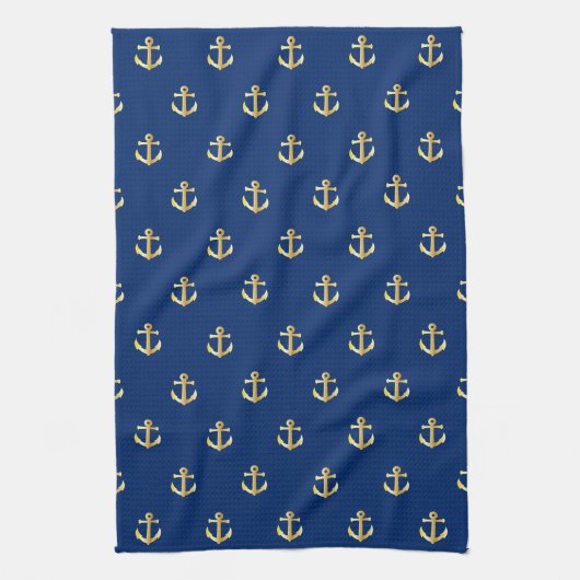 Chic Gold Yellow Anchor Pattern op Dark Navy Blue  Theedoek (Verticaal)