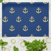Chic Gold Yellow Anchor Pattern op Dark Navy Blue Theedoek (Gevouwen)
