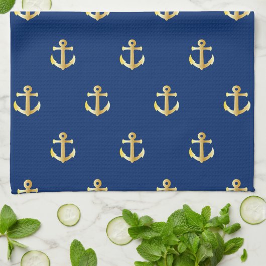 Chic Gold Yellow Anchor Pattern op Dark Navy Blue Theedoek (Gevouwen)