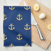 Chic Gold Yellow Anchor Pattern op Dark Navy Blue Theedoek (Quarter Fold)