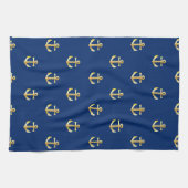 Chic Gold Yellow Anchor Pattern op Dark Navy Blue Theedoek (Horizontaal)