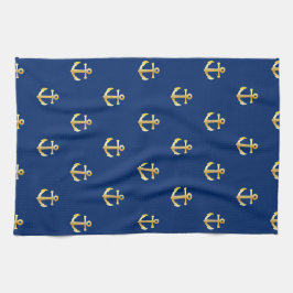 Chic Gold Yellow Anchor Pattern op Dark Navy Blue Theedoek