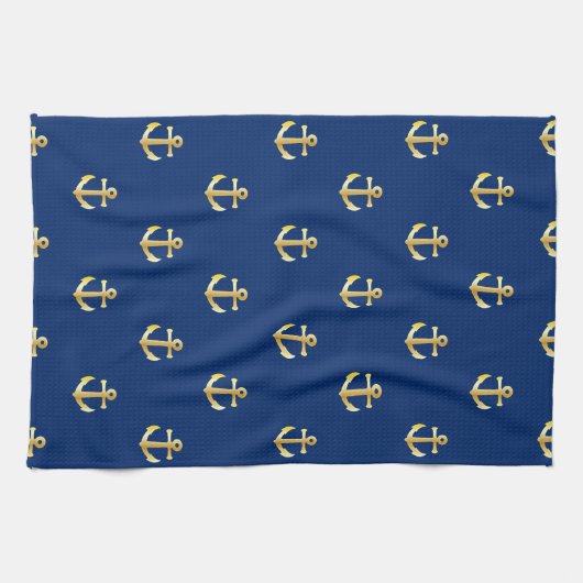 Chic Gold Yellow Anchor Pattern op Dark Navy Blue Theedoek (Horizontaal)