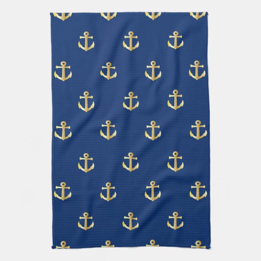 Chic Gold Yellow Anchor Pattern op Dark Navy Blue Theedoek (Verticaal)