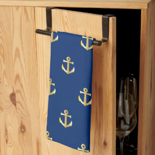 Chic Gold Yellow Anchor Pattern op Dark Navy Blue Theedoek