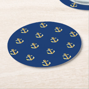 Chic Gold Yellow Nautical Anchors patroon op blauw Ronde Kartonnen Onderzetter