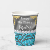 Chic Gold Zilveren Folie Blauwe Zebra Print Verjaa Papieren Bekers (Achterkant)