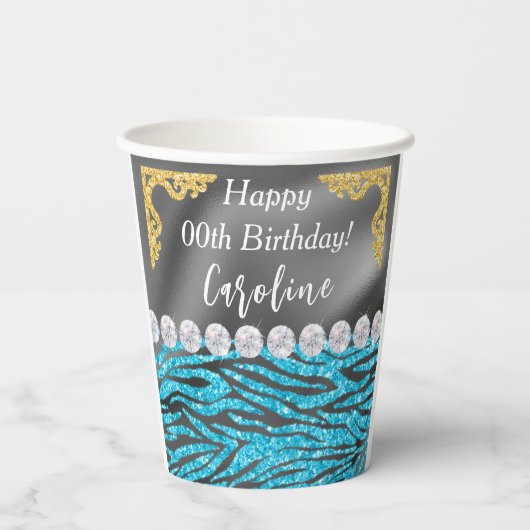 Chic Gold Zilveren Folie Blauwe Zebra Print Verjaa Papieren Bekers (Achterkant)