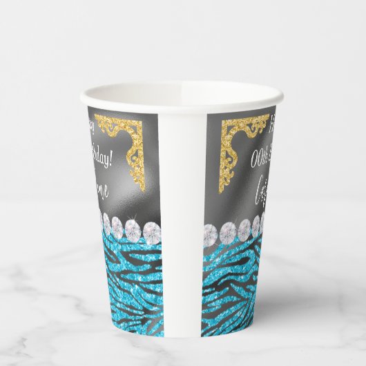 Chic Gold Zilveren Folie Blauwe Zebra Print Verjaa Papieren Bekers (Links)