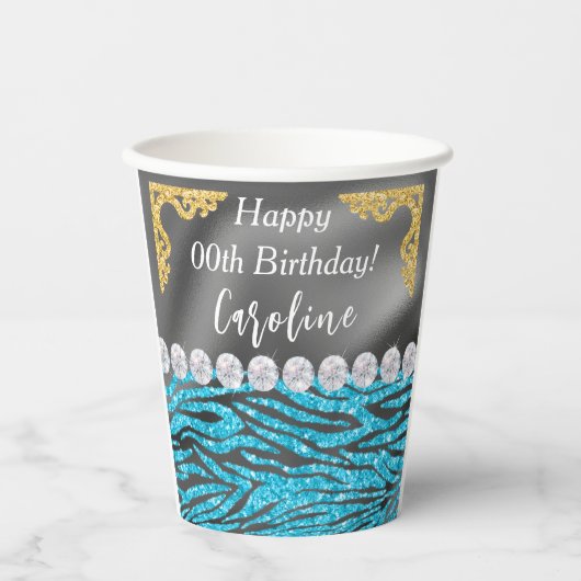 Chic Gold Zilveren Folie Blauwe Zebra Print Verjaa Papieren Bekers (Voorkant)