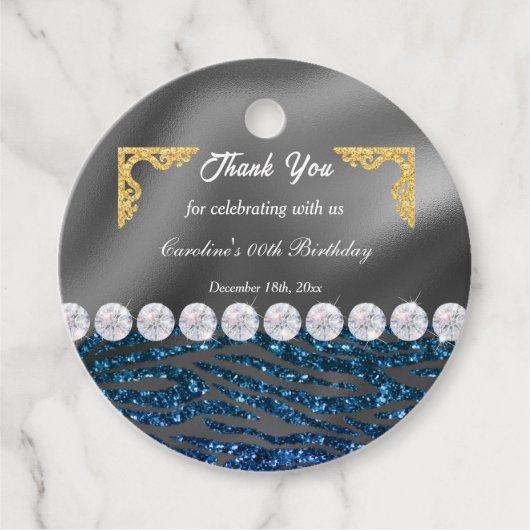 Chic Gold Zilveren Folie & Donkerblauwe Zebra Prin Bedankjes Labels (Voorkant)