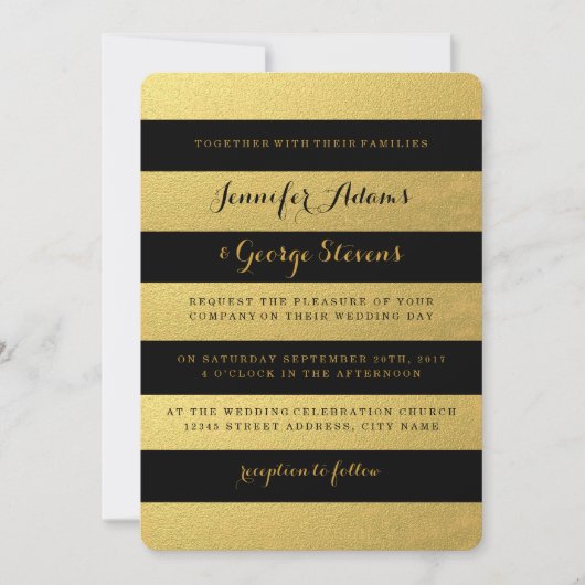 CHIC GOLD | ZWARTE STRIPEN WEDDING INVITATION KAART (Voorkant)