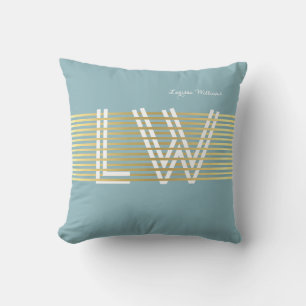chic golden blue gepersonaliseerd monogram buitenkussen