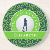 Chic Golfer Silhouette Custom Name Blue Green Golf Zandsteen Onderzetter (Voorkant)