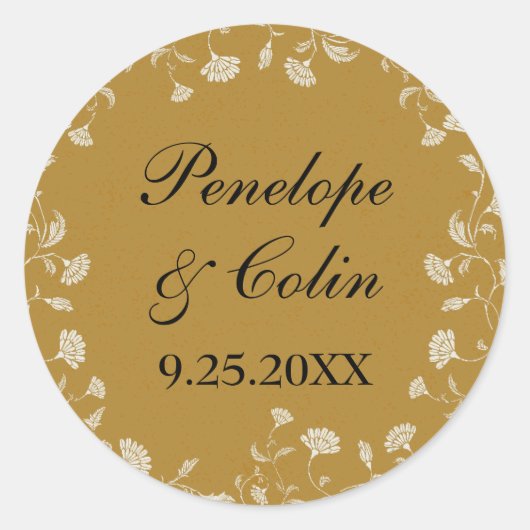 Chic Goud Bloemen Naam Datum Ronde Sticker (Voorkant)