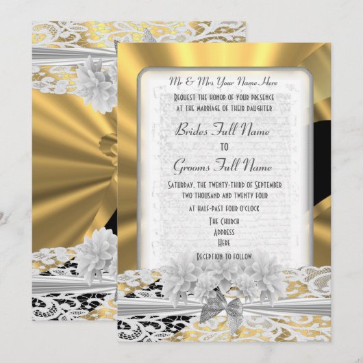 Chic goud elegante witte kant bruiloft kaart (Voorkant / Achterkant)