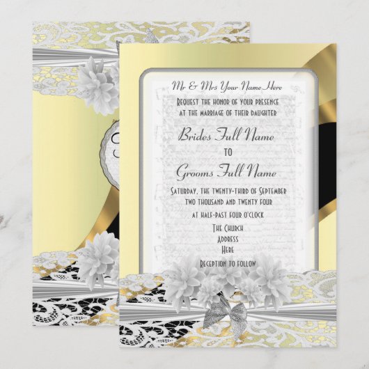 Chic goud elegante witte kant monogram bruiloft kaart (Voorkant / Achterkant)