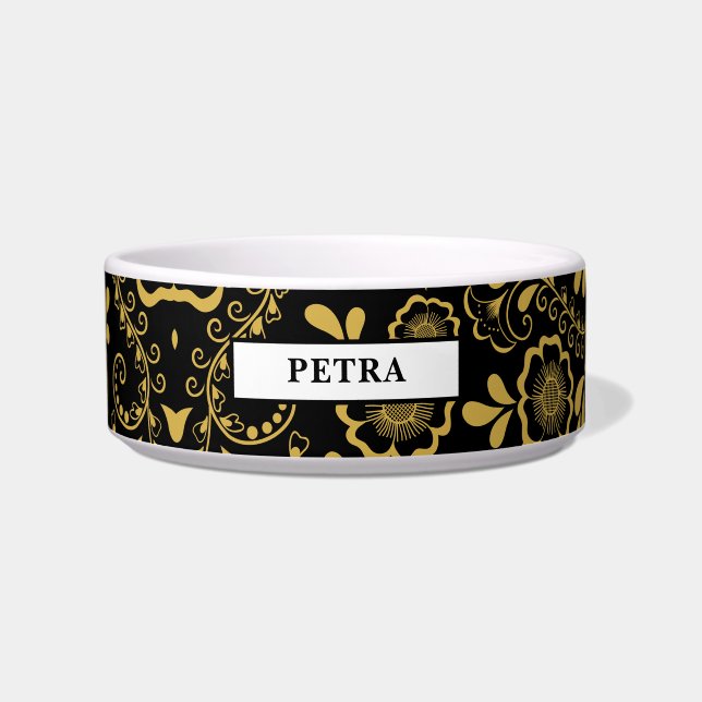 Chic goud en zwart bloemmotief voerbakje (Voorkant)